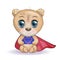 Cute cartoon bear with big eyes in a superhero cloak, concept of protector and hero