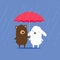 Cute cartoon bear and bunny rabbit sharing umbrella in the rain.