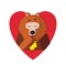 Cute cartoon bear eating honey inside of red heart on white background