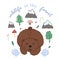 Cute cartoon bear with forest flora doodle elements, wild animal and nature, editable vector illustration for kids book decoration