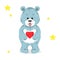 Cute cartoon bear holding a red heart in his paws.Plush character is standing and smiling.Fall from the top of bright yellow star