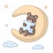 Cute cartoon bear hugging a pillow sitting on a moon.