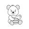 Cute cartoon bear with a keg of honey for coloring page or book. Outline of little bruin isolated on white background. Childish or