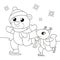 Cute cartoon bear and squirrel skating. Christmas and New Year illustration. Black and white vector illustration for coloring book