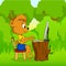 Cute cartoon bear typing on computer in forest