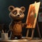Cute Cartoon Bear With Very Big Eyes With A Canvas Painting. Generative AI