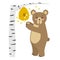 Cute cartoon bear wants to climb into a beehive with honey.