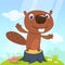 Cute cartoon beaver standing in a meadow with flowers and mushrooms. Vector illustration.