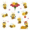 Cute cartoon bee. Honey and bees child characters serie. Honeybee funny working, happy awesome mascot insect flying and