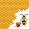 A cute cartoon bee with a honey pot surrounded by