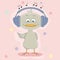 Cute cartoon bird with headphones listening to music.