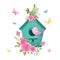 Cute cartoon birdhouse with birds and roses for Valentine`s Day. Vector illustration