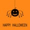 Cute cartoon black smiling pumpkin Hanging spider insect. Dash line web. Happy Halloween greeting card. Flat design.