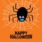 Cute cartoon black spider in blue medical mask with guilty look, white cobweb and happy halloween lettering on orange background.