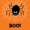 Cute cartoon black spider with guilty look, white cobweb and boo word on orange background. Halloween greeting card. Vector stock