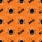 Cute cartoon black spider with guilty look, white cobweb and boo word on a orange background. Halloween seamless pattern. Vector