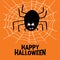 Cute cartoon black spider with guilty look, white cobweb and happy halloween lettering on orange background. Halloween greeting