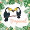 Cute cartoon black toucans on white background, wild tropical birds with exotic leaves and flowers, hand lettering, editable