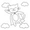 Cute cartoon black and white super cat hero flying in the sky funny vector cartoon illustration for coloring art