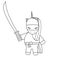 Cute cartoon black and white vector ninja unicorn with sword illustration for coloring art