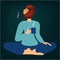 Cute cartoon blonde girl sitting in lotus position and enjoying coffee or herbal tea. Yoga practice, relaxation. Vector