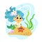 Cute cartoon blue haired mermaid with a starfish vector illustration