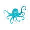 Cute cartoon blue octopus drawing. Funny smiling octopus character vector illustration