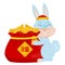 Cute cartoon blue rabbit in national chinese hugging a bag of good luck