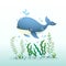 Cute cartoon blue whale swimming underwater with seaweed