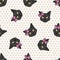 Cute cartoon Bombay kitten face with pink bow seamless vector pattern. Pedigree kitty breed domestic cat background. Cat