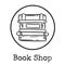 Cute cartoon books doodle image. Book shop logo. Media highlights graphic symbol