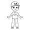 Cute cartoon boy in cap with visor, t-shirt and jeans outline for coloring on a white