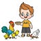 Cute cartoon boy feeds feeds chickens and chicks with grains from a bowl color variation for coloring page on white