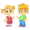 Cute cartoon boy and girl with hands up vector illustration. Boy and girl greeting design. Kids summer dress. Children vector. Ca