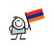 Cute cartoon boy holding flag of Armenia in rising up hand. Vector illustration of stickman waving national sign of the