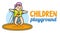 Cute cartoon boy jumping on a trampoline. Logo for summer games or childrens playground. Design for print,  t-shirt, birthday