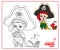 Cute cartoon boy in pirate costume and huge hat holding a ship model on rope color and outlined