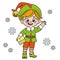 Cute cartoon boy in Santa Elf suit with a gift in hand color variation for coloring page on white