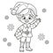 Cute cartoon boy in Santa Elf suit with a gift in hand outlined for coloring page on white