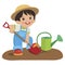 Cute Cartoon Boy With Shovel. Young Farmer Working In The Garden.