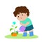 Cute cartoon boy watering plant .