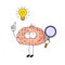 Cute cartoon brain with light bulb and magnifier on white background. Funny vector illustration. Concept of idea,  intellect