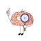 Cute cartoon brain with magnifier on white background. Funny vector illustration. Concept of idea,  intellect, human mind