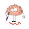 Cute cartoon brain with pencil drawing on white background. Funny vector illustration. Concept of idea, work, intellect, business