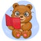 Cute cartoon brown bear with glasses reads a red book.