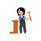 Cute cartoon builder girl holding hammer and driving a nail into wood furniture