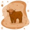 Cute Cartoon Bull high land cow is standing on the ground on pink and brown background