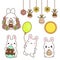 Cute cartoon bunnies. Easter rabbits with eggs and flowers. Isolated clip art for Easter design, stickers. Kawaii style