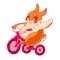 Cute cartoon Bunny on a bike waving his hand in greeting. Vector illustration isolated on white background