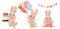 Cute cartoon bunny characters. Happy birthday greeting cards. Birthday cake, presents, rabbit, balloons and flowers.